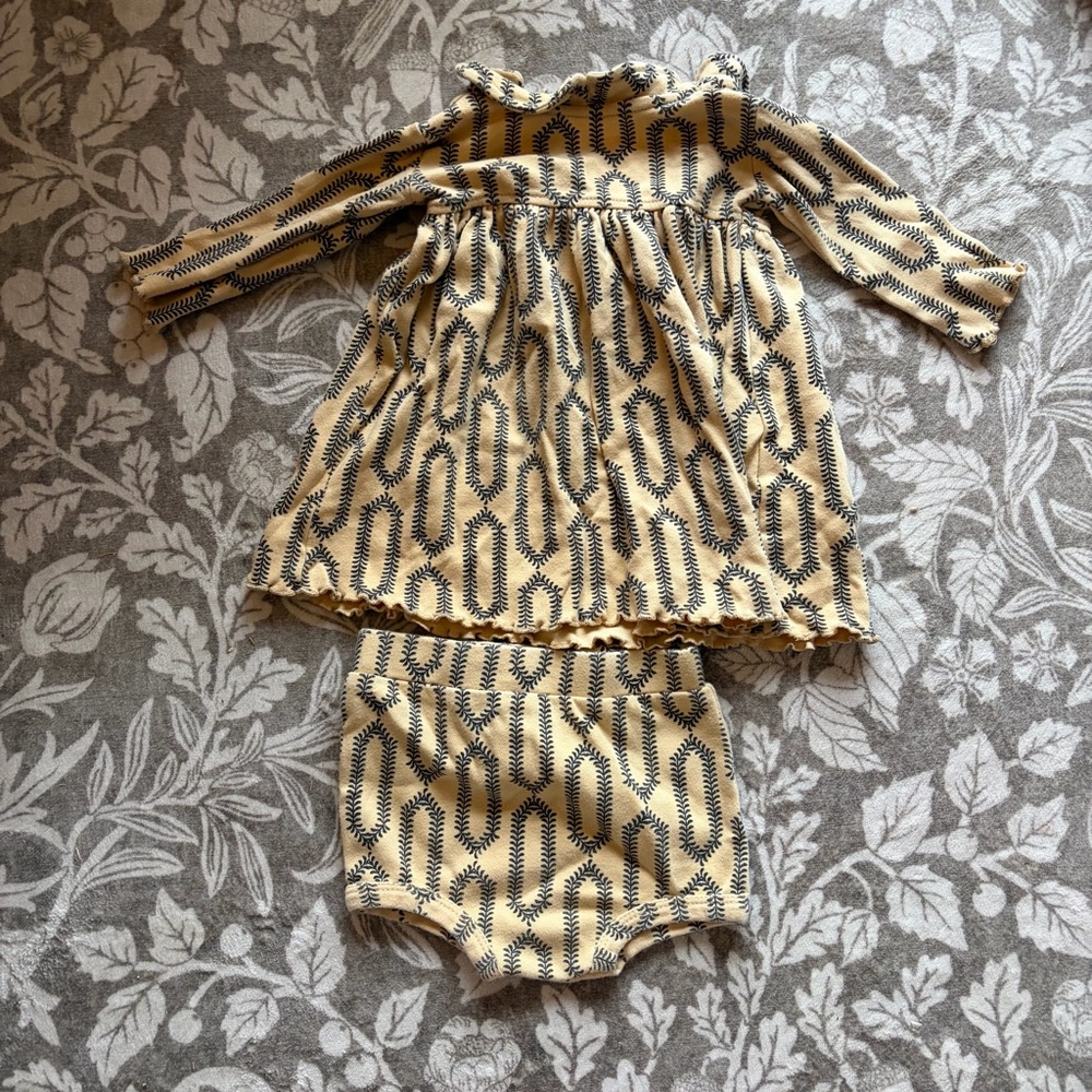 kate quinn Mustard Knit Dress with Navy Leaf Print